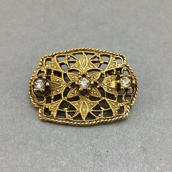 Vintage Antiqued Goldtone Metal Filigree Open Work Clear Rhinestone Brooch Pin - Picture 1 of 9